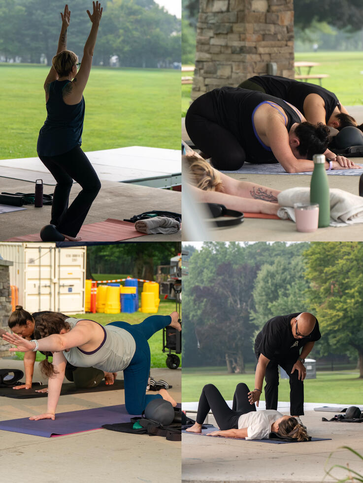 Pilates in action Class participating in various mat exercises.