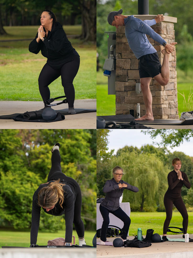 Pilates in Action Class participating in various exercises.