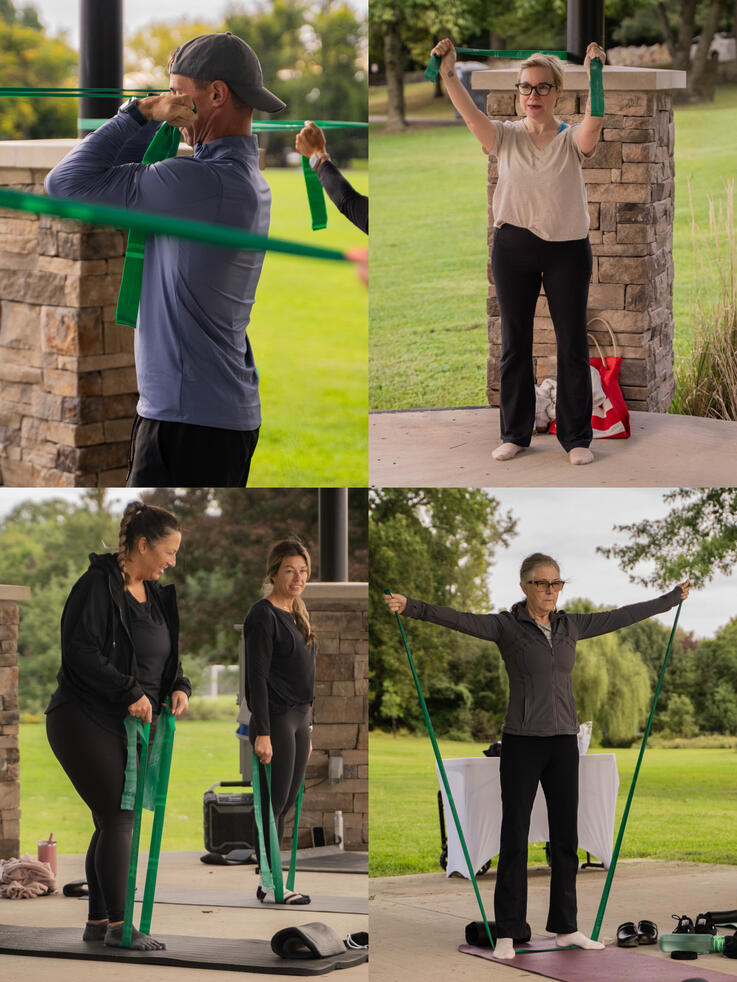 Resistance Exercises Participants performing band resistance exercises.