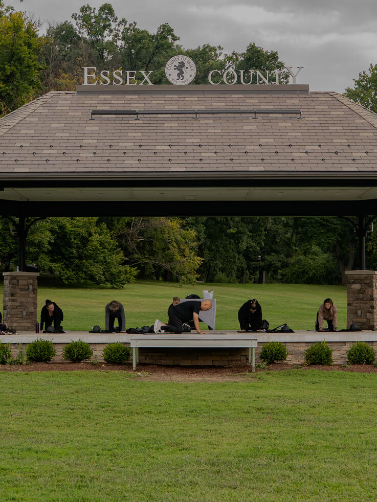 The Gazebo Wide shot of the mat Pilates space with class in session.